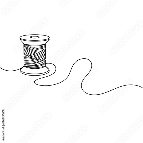 Continuous line art drawing of a spool of sewing thread for crafts.