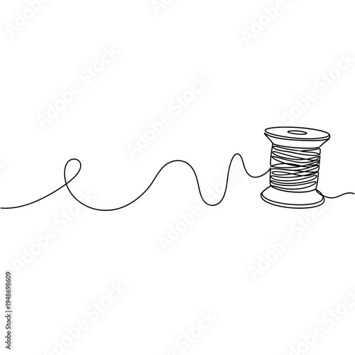 Continuous line art drawing of a spool of thread unwinding creatively.