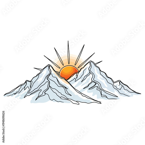Sunrise over majestic snowy mountains landscape line art illustration.