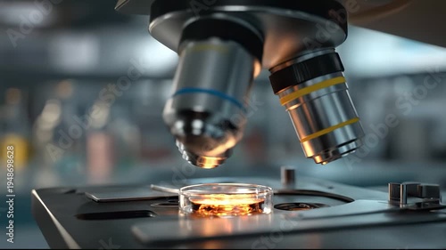 Microscope examining petri dish in a science laboratory