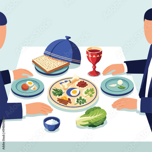 Illustration of a religious ritual with food on a white table