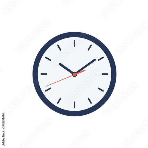 Simple vector clock illustration with red second hand and black frame design