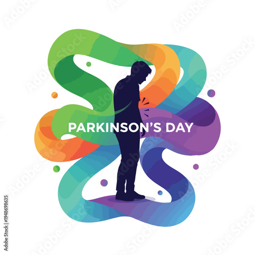 Silhouette of a person with colorful fluid ribbons and the text "Parkinson's Day