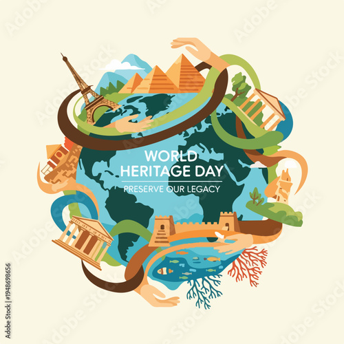 Quadro em tela Illustration promoting world heritage day, showcasing landmarks around a globe