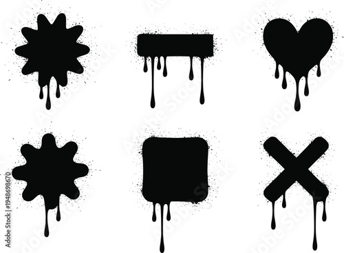 Vector set of grunge paint drips in various shapes like hearts, crosses, and stars for creative graphic designsVector set of grunge paint drips in various shapes like hearts, crosses, and stars for cr