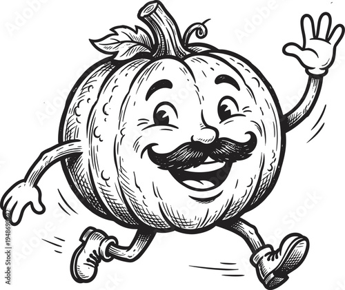Happy pumpkin mascot character running with mustache cartoon vegetable outline coloring page vector illustration