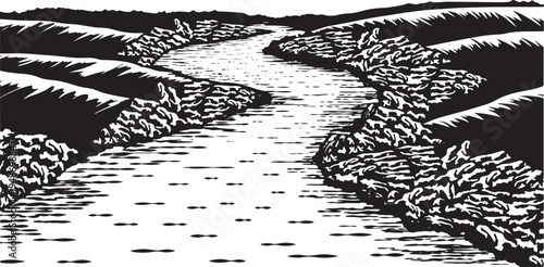 Artistic river landscape sketch showing flowing water and grassy banks in black and white