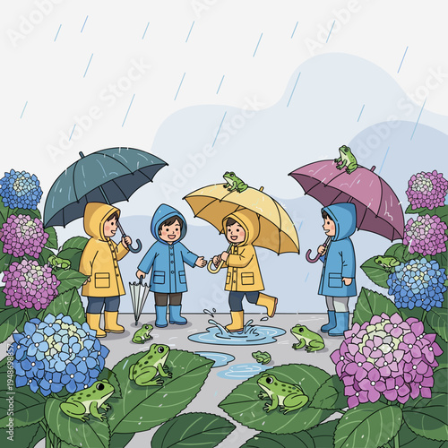 Children wearing rain gear playfully interact on a rainy day with umbrellas and frogs