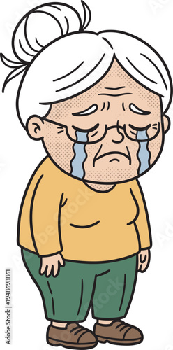 Sad crying elderly woman cartoon, upset senior lady character emotional expression vector illustration design
