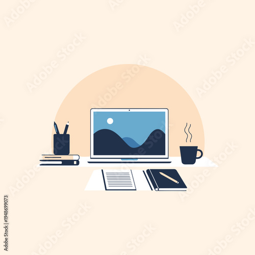 Cozy workspace with laptop, books, and coffee for productive workday