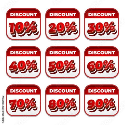 Set of nine red sale buttons showing discount percentages from 10% to 90% on white background, glossy rounded square labels for promotions