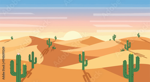 Pixelated desert scene with sand dunes, cacti, and a sunset sky