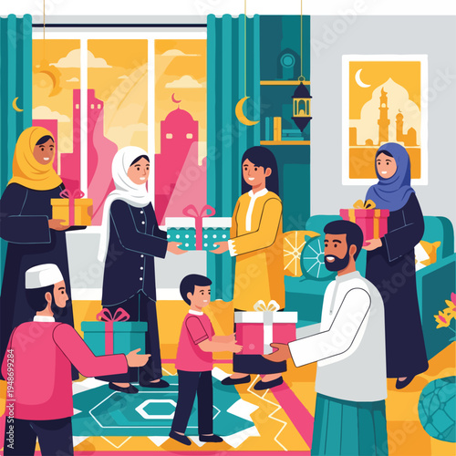 Illustration showing a Muslim family exchanging gifts during a celebration