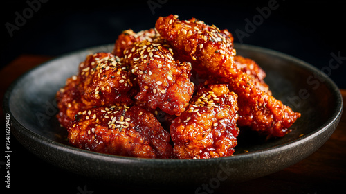 korean fried chicken coated in spicy red sauce with sesame seeds, crispy korean fried chicken glazed with sweet spicy chili sauce, korean style spicy fried chicken wings with sesame topping
