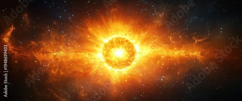 A blazing sunlike star erupts with a bright corona and long fiery solar flares across a dark starry space backdrop.