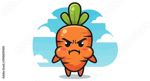 Angry Carrot Character with Cute Face, Cartoon Style, Isolated on White Background