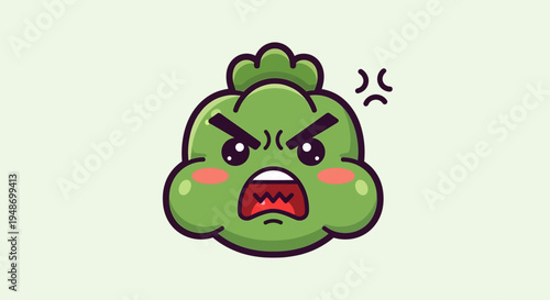 Angry Broccoli Emoji Character with Grumpy Face and Red Cheeks