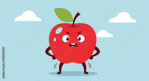 Angry Red Apple Character with Arms and Legs, Cartoon Style, Expressing Frustration