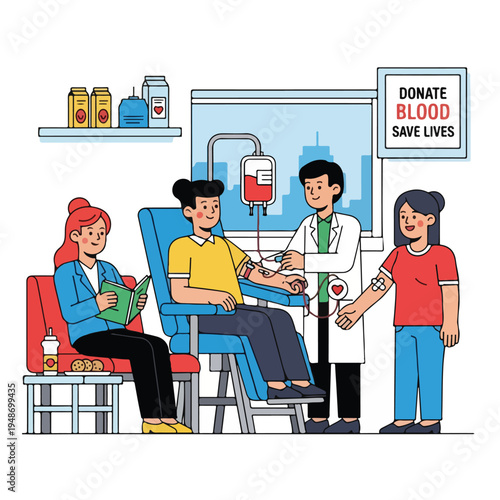 Illustration of people donating blood in a medical setting with text and objects