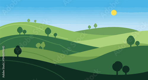 Pixelated landscape illustration of rolling hills, trees, and sunny sky