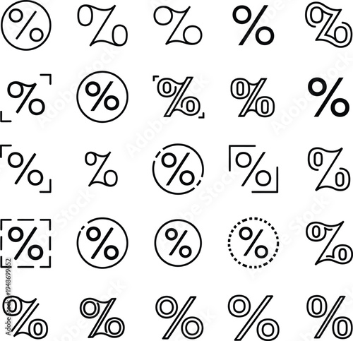 Set of 25 Minimal Percentage Icons and Discount Symbols for Business, Finance, and Marketing Promotions; Black Line Art Vector Graphics for Shopping Sales, Tax Rates, and Statistics