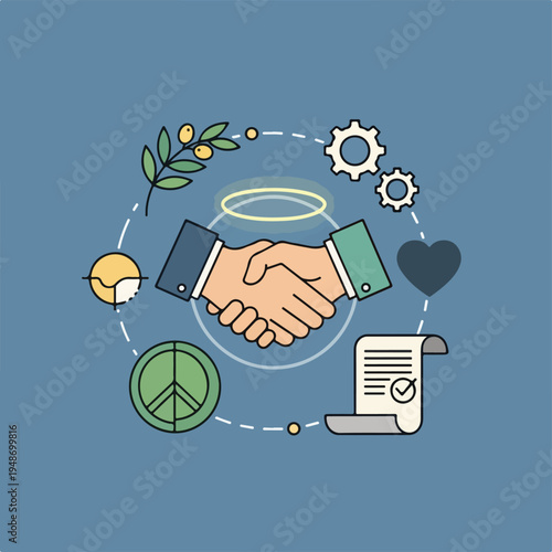Illustration of a handshake surrounded by various associated icons