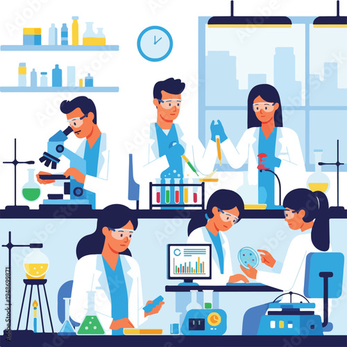 Illustration of diverse lab staff conducting scientific experiments