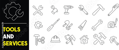 Various outlined hand tools for building repair and gardening work minimal vector icon set