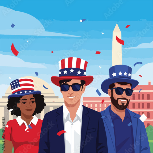 Illustration of diverse people wearing patriotic hats with a background of a city