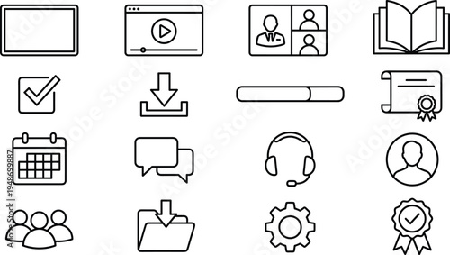 Set of 16 Outline E-Learning and Online Education Vector Icons