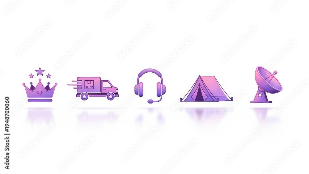Fototapeta premium Collection of gradient purple icons: crown, delivery van, headphones, tent, satellite dish.