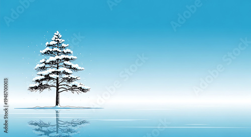 Snow covered pine tree on frozen lake with blue gradient background