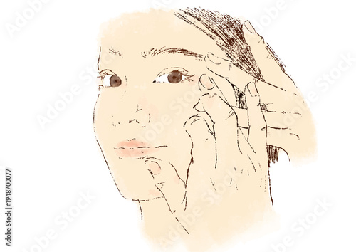 Hand-drawn-style illustration of a woman cleansing and washing her face. Cosmetics illustration. Makeup removal.