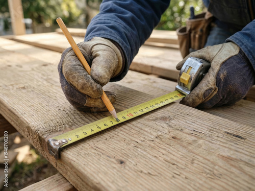 Worker measures wood with tape while marking it with pencil in outdoor setting Generative AI