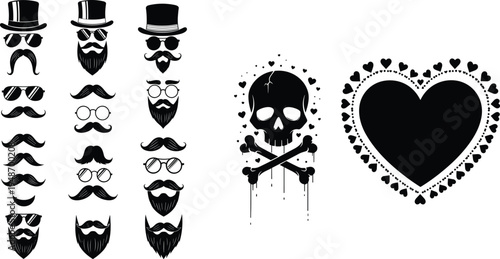 Vintage hipster style mustache beard hat and glasses icon set with skull and decorative heart silhouette isolated on white backgroundVintage hipster style mustache beard hat and glasses icon set with 