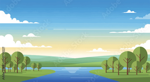 Pixelated landscape of trees, water, clouds, and a sky of changing colors