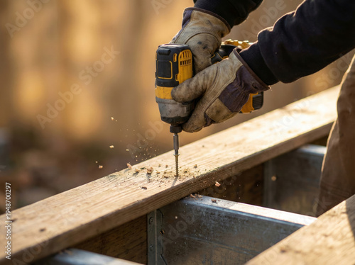 Man drills into wooden beam with cordless tool during construction project Generative AI
