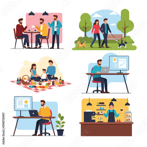 Six scenes illustrating everyday life cafe, park, picnic, work & barista