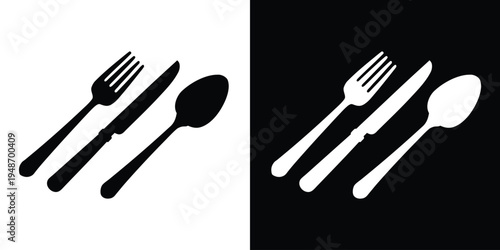Fork, knife and spoon icon, Dining silverware Silhouette, Tableware set, Vector illustration
