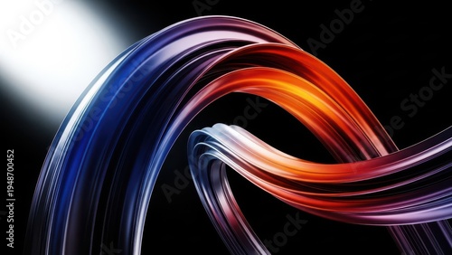 Fluid abstract ribbon shapes in vibrant blue, orange, and purple, creating a dynamic and energetic visual flow