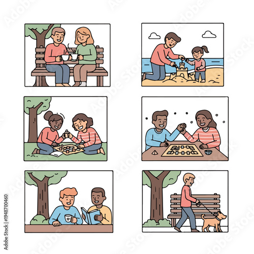 Six square frames depict various people enjoying leisurely activities