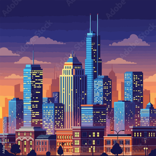 Pixelated night cityscape with illuminated skyscrapers and buildings, under cloudy dusk