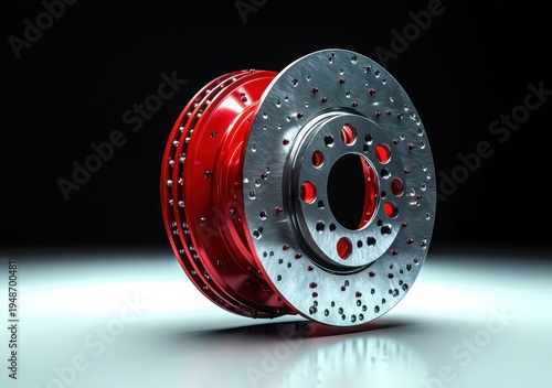 shiny drilled silver brake disc with red anodized hub on reflective surface, ventilated circular rotor conveying high-performance precision and sleek industrial style