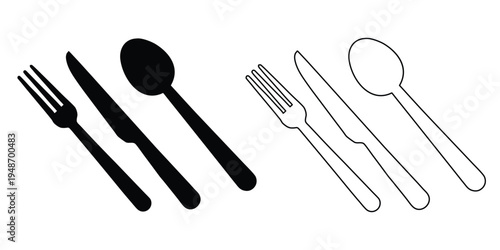 Fork, knife and spoon icon, Dining silverware Silhouette, Tableware set, Vector illustration