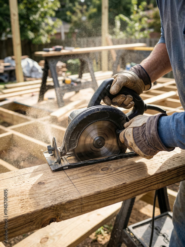 Man using circular saw on wooden boards during construction work in the backyard Generative AI