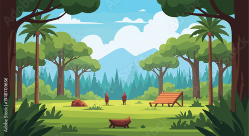 Pixelated scene depicts forest with humans.  A bench and mountains are present