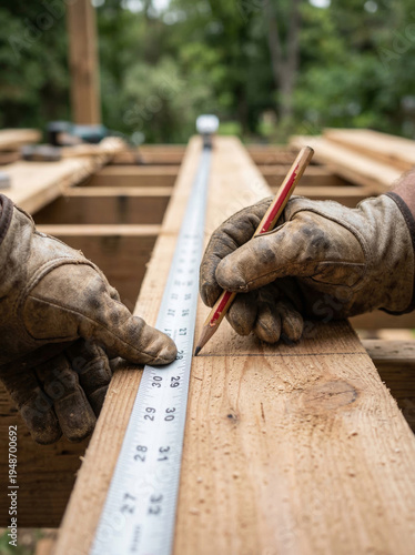 Carpenter measures wood with a tape and marks it using a pencil outdoors Generative AI