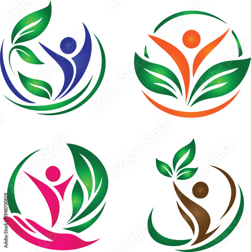 Set of four abstract healthy life logos with human figure and green leaves. Modern nature and wellness symbol design isolated on white background. Perfect for health care, yoga,