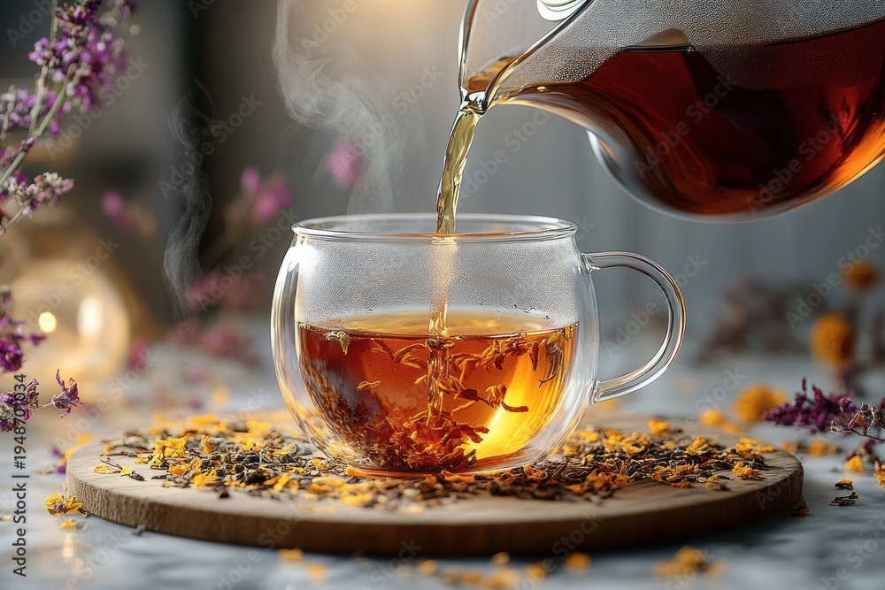 Fototapeta premium Steaming herbal tea being poured from a glass teapot into a double-walled glass cup on a round wooden board with scattered loose tea leaves and yellow petals, warm cozy mood