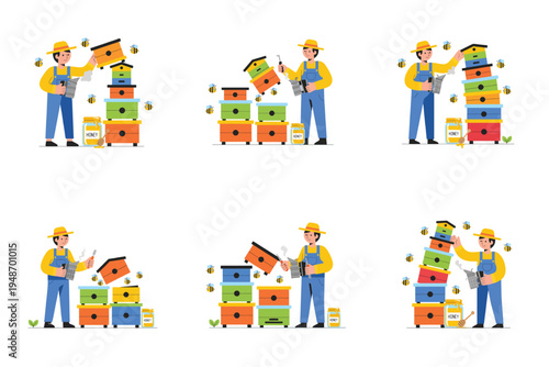 Beekeeper working with beehives and honey